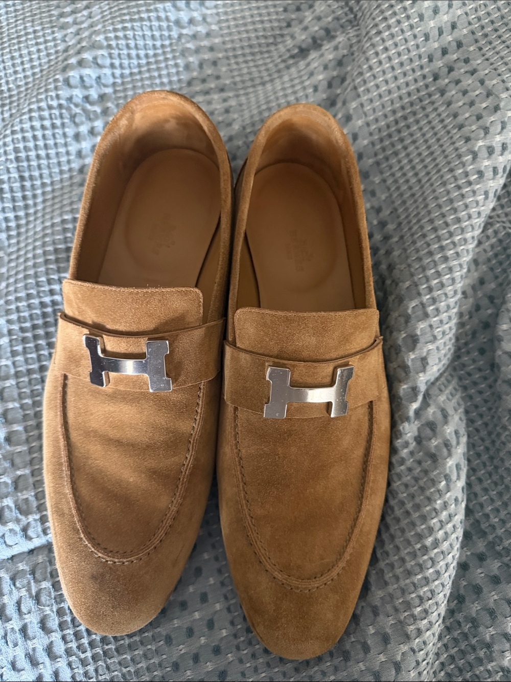 Hermes Tan Suede Bit Loafers with Silver Hardware